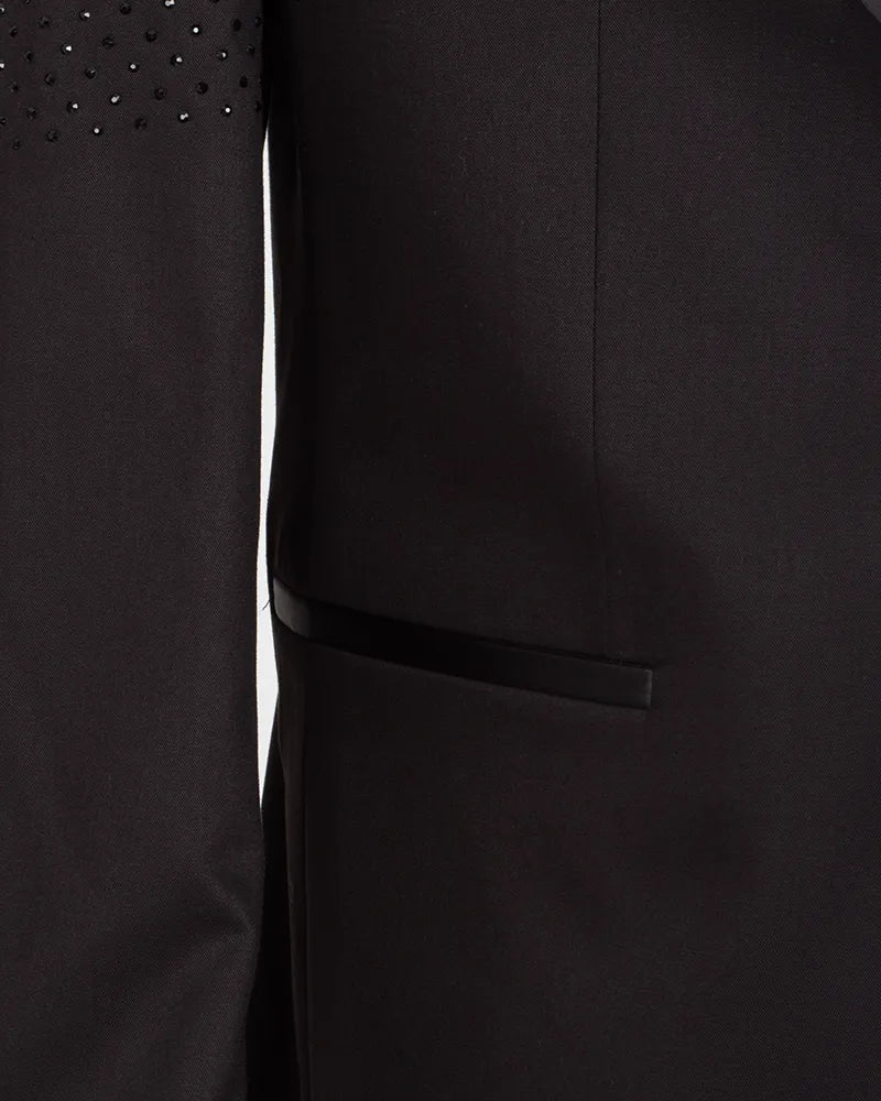 Black Tuxedo 3 Piece Suit Contrasting Lapel wtih Beaded Detailing