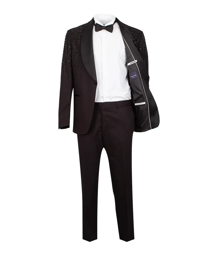 Black Tuxedo 3 Piece Suit Contrasting Lapel wtih Beaded Detailing