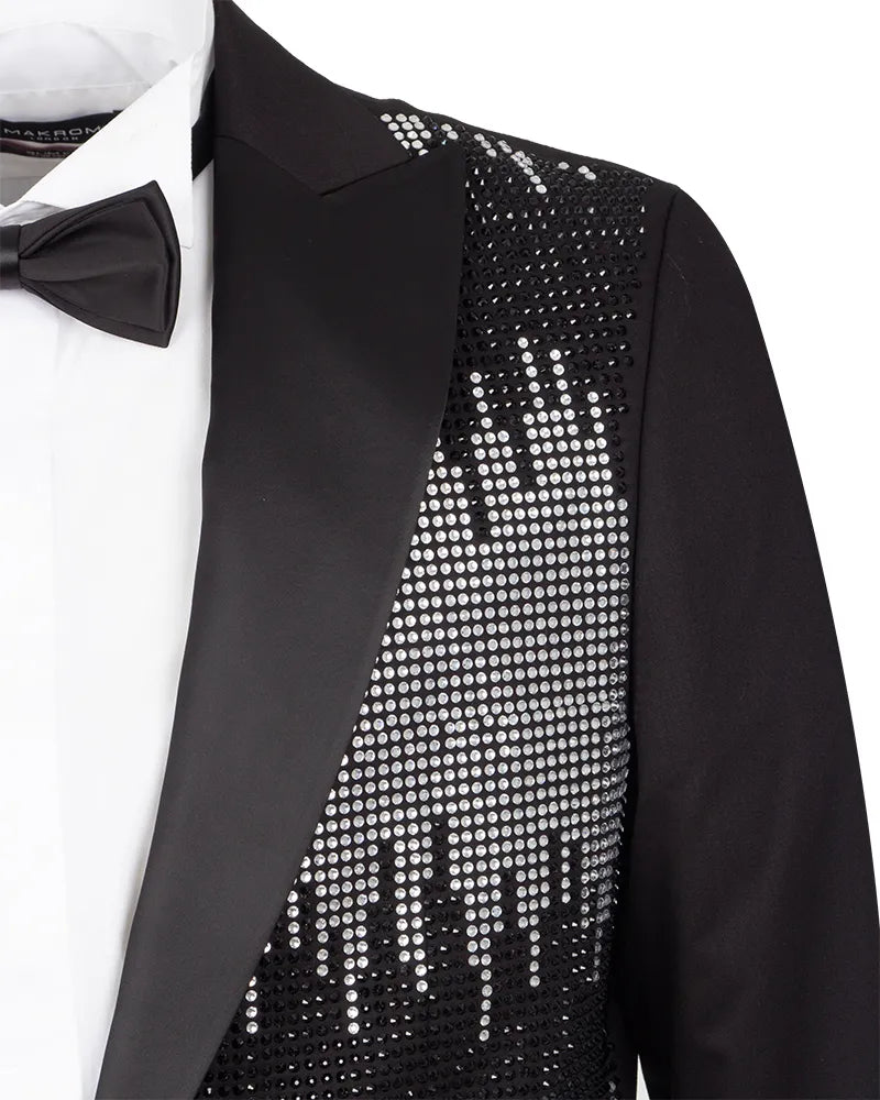 Black Tuxedo 3 Piece Suit Contrasting Lapel with Crystal Embellishments