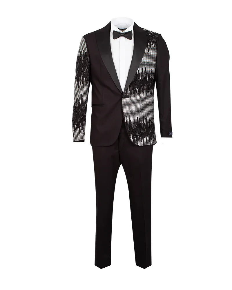 Black Tuxedo 3 Piece Suit Contrasting Lapel with Crystal Embellishments