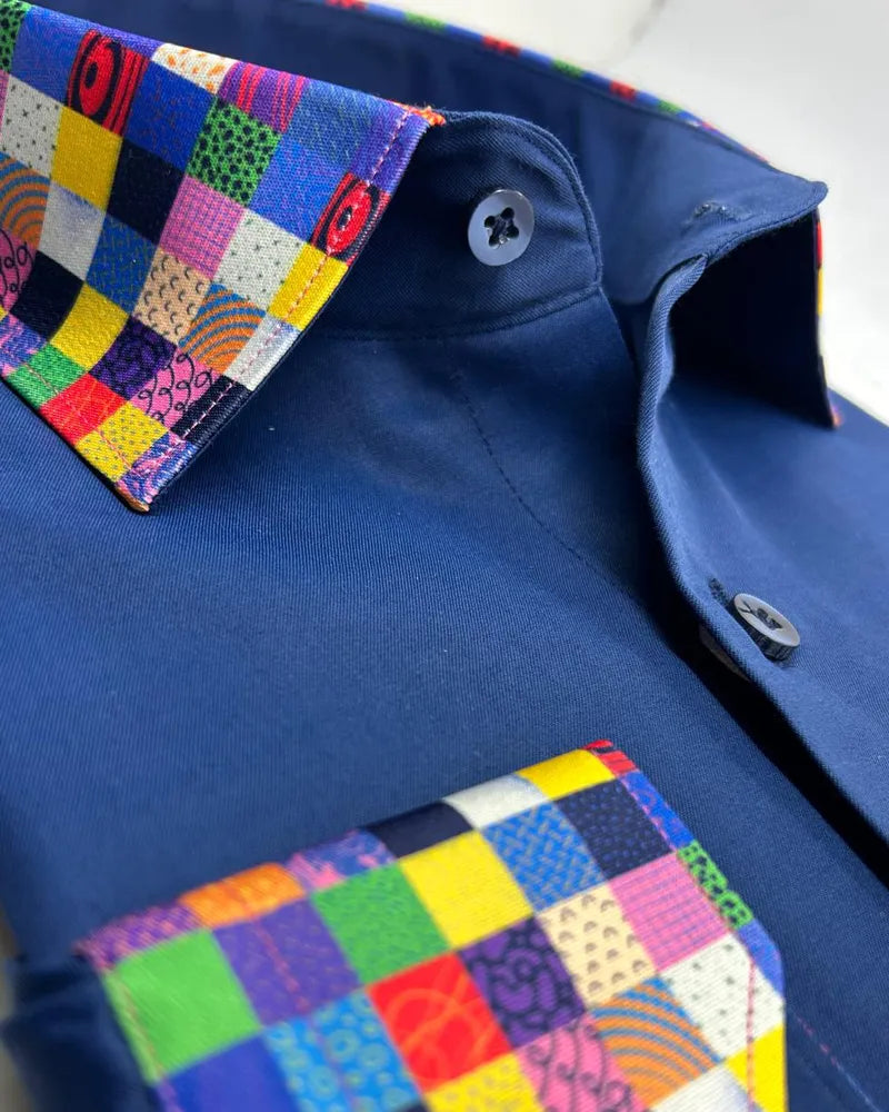 Navy Plain Shirt with Multicoloured Trim