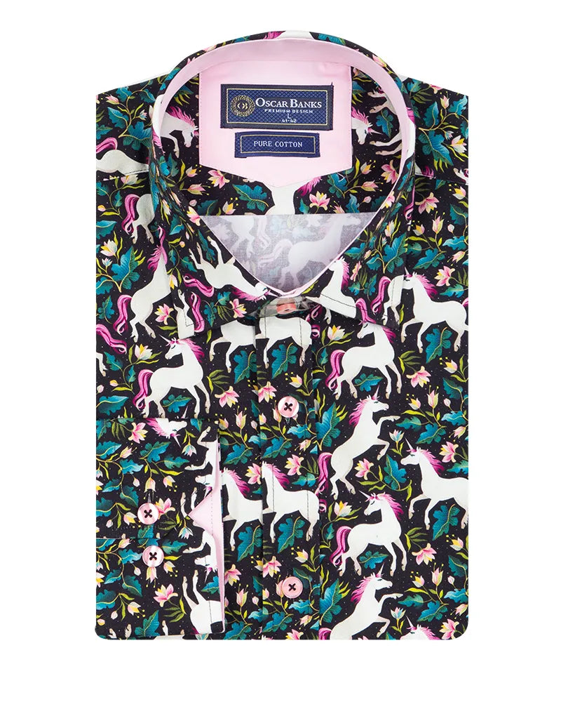 Black Vibrant Unicorn and Floral Print Print with Matching Handkerchief