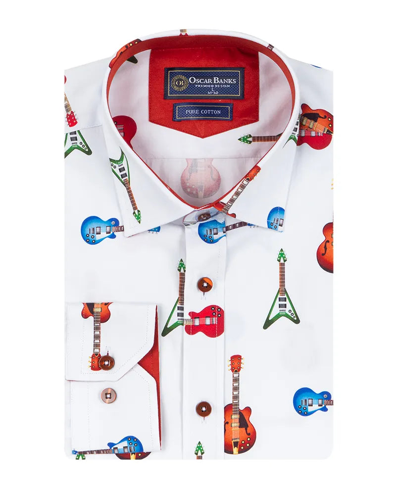 White Guitar Print Shirt with Matching Handkerchief