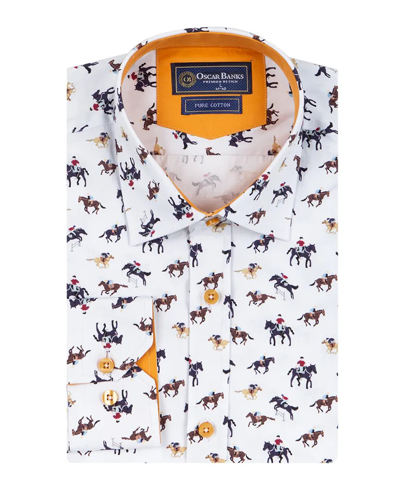 White Horse Print Shirt with Matching Handkerchief