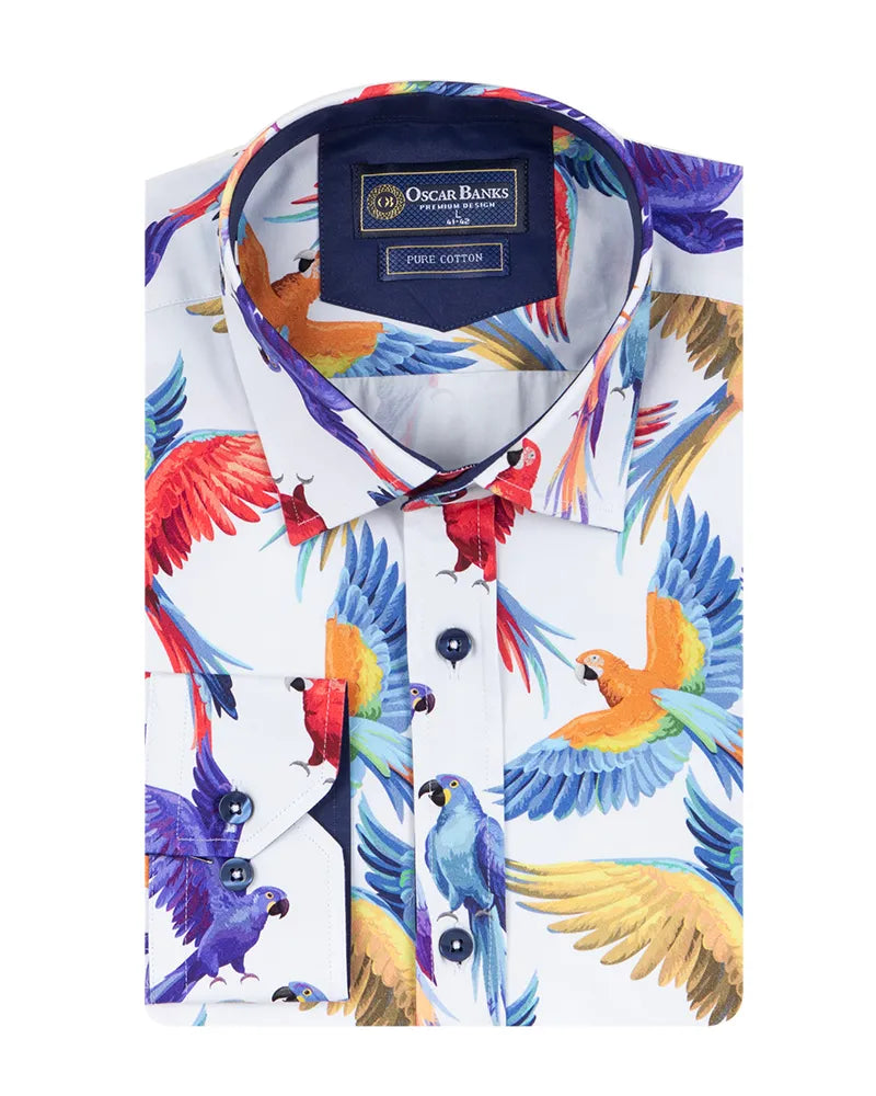 White Parrot Print Shirt with Matching Handkerchief