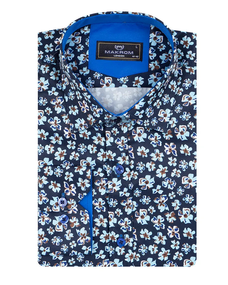 Navy Floral Pattern Print Shirt
