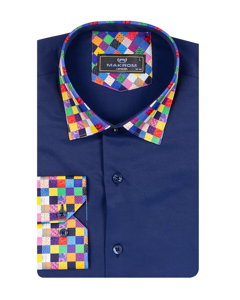 Navy Plain Shirt with Multicoloured Trim