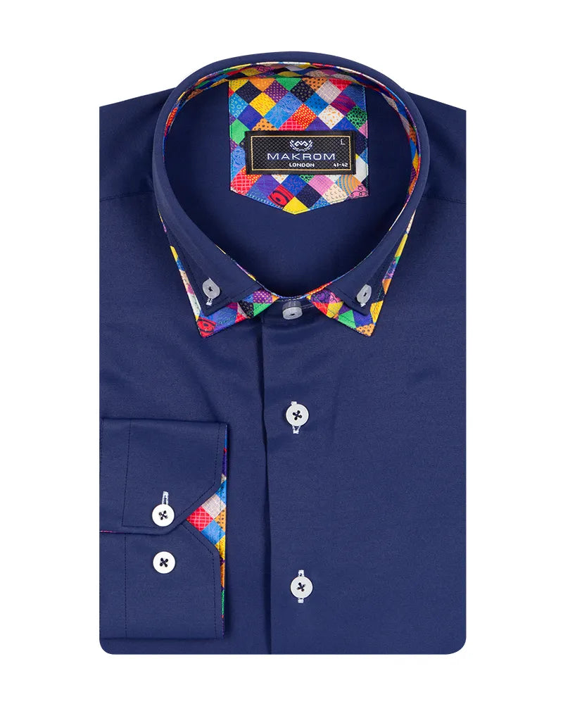 Navy Plain Double Collar Shirt with Multicoloured Trim