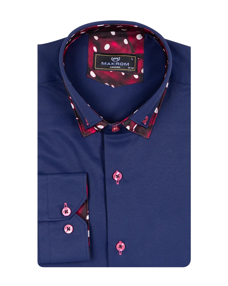 Navy Plain Contrast Dot Double Collar Long Sleeve Shirt