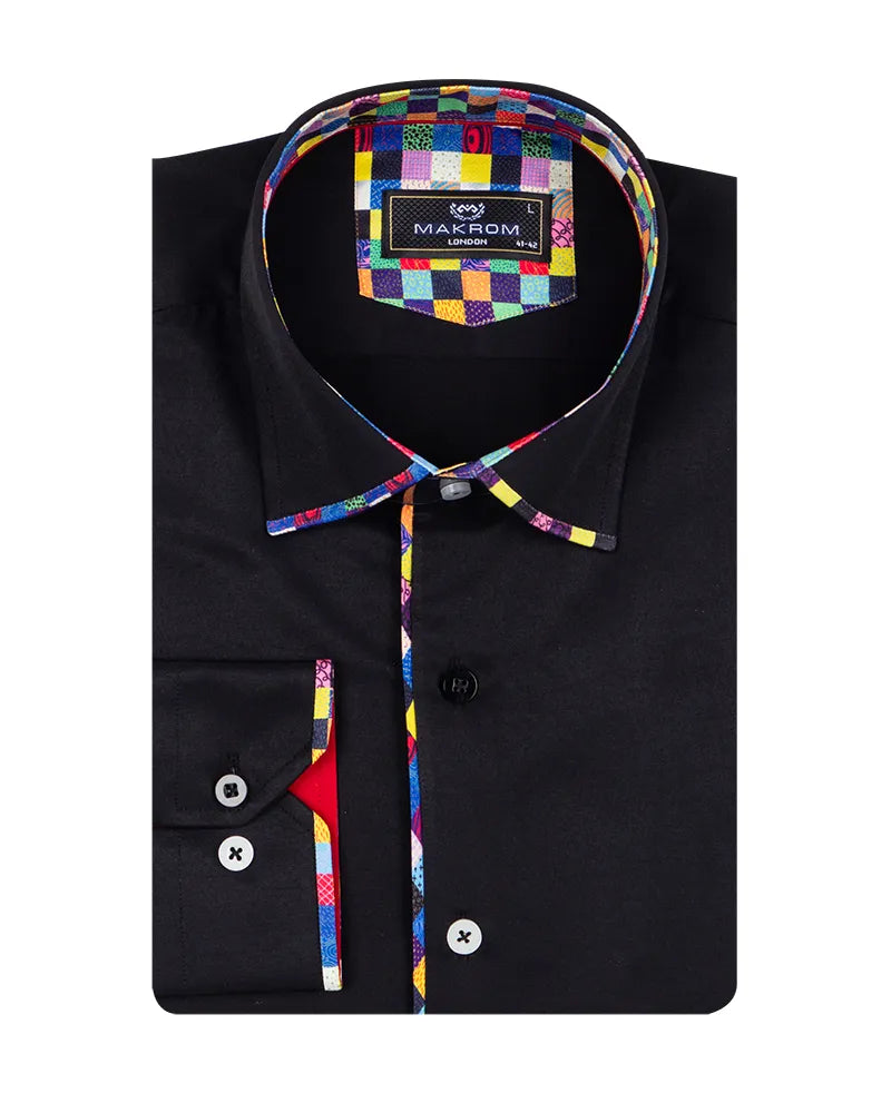 Black Fashion Shirt with Multicolour Collar Tip Design