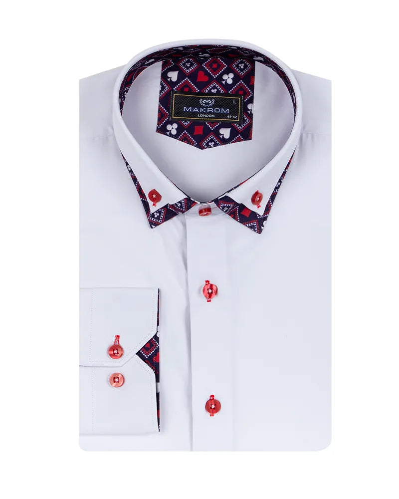 White Plain Double Collar Shirt with Playing Card Design Trim