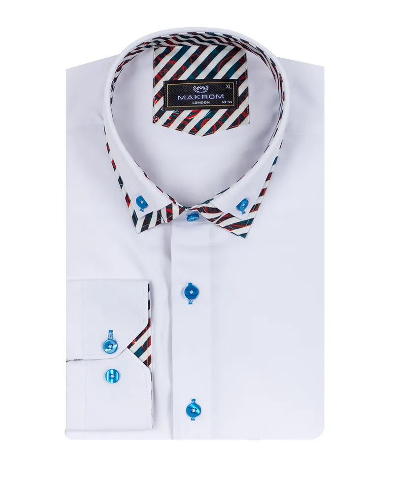 White Plain Contrast Stripe Collar and Cuffs Long Sleeve Shirt