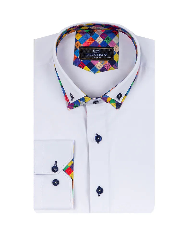 White Plain Double Collar Shirt with Multicoloured Trim
