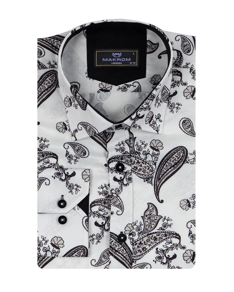 White Paisley Print Long Sleeve Shirt