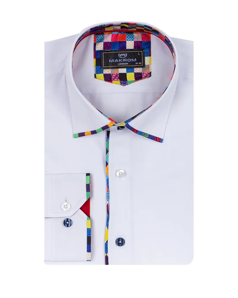 White Fashion Shirt with Multicolor Collar Tip Design