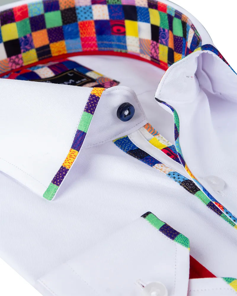 White Fashion Shirt with Multicolor Collar Tip Design