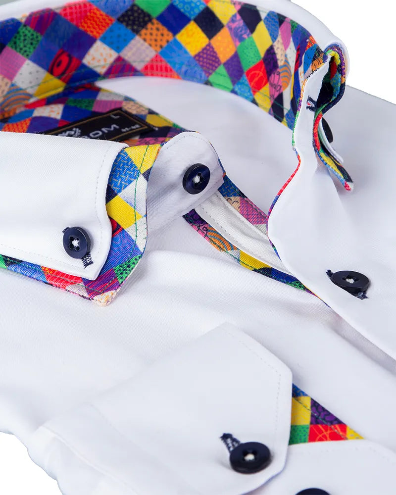 White Plain Double Collar Shirt with Multicoloured Trim