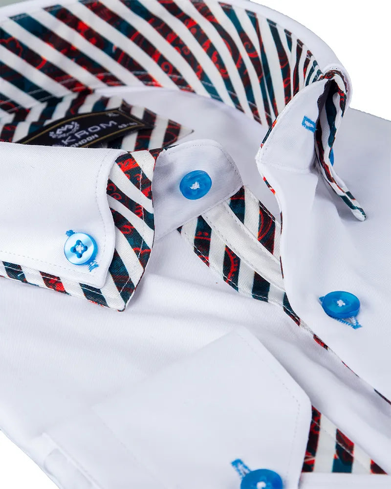 White Plain Contrast Stripe Collar and Cuffs Long Sleeve Shirt