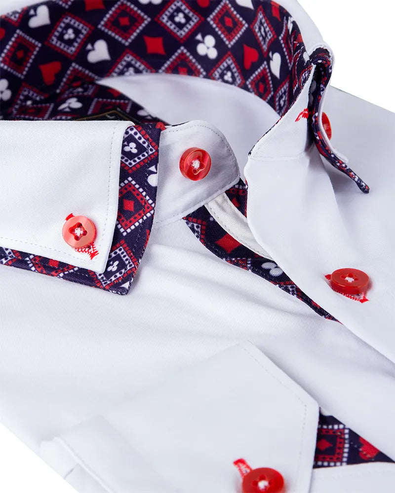 White Plain Double Collar Shirt with Playing Card Design Trim