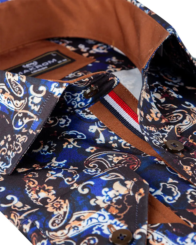 Brown Paisley Print Long Sleeve Men`s Shirt