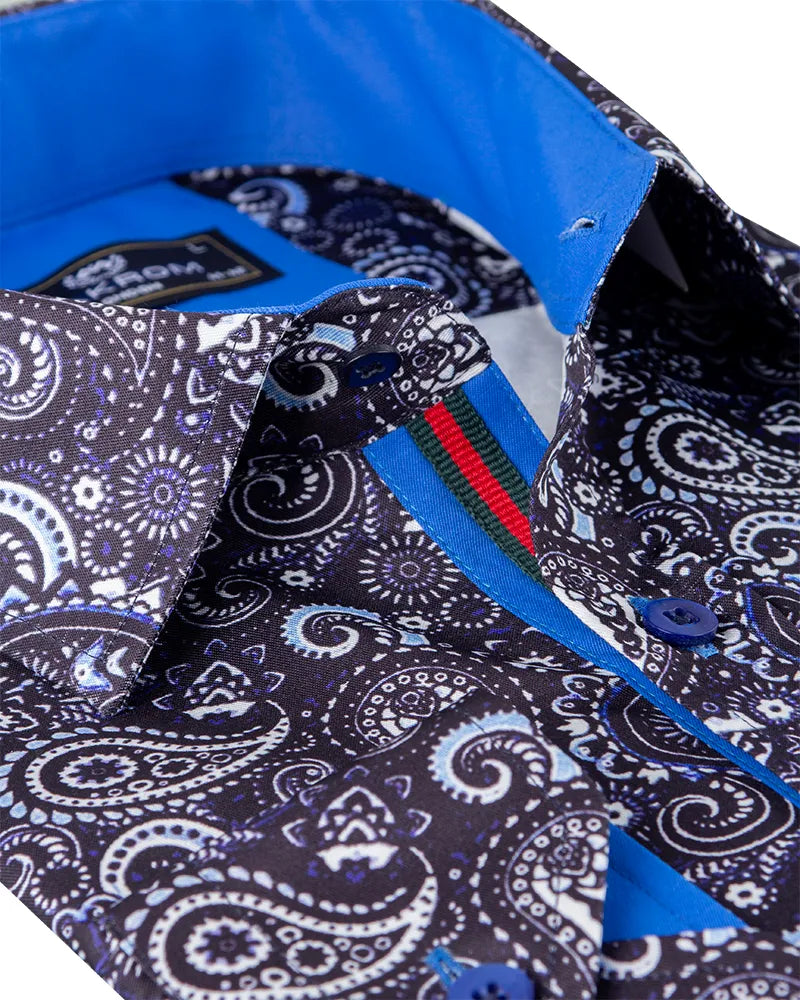 Dark Blue Fashion Paisley Print Long Sleeve Shirt