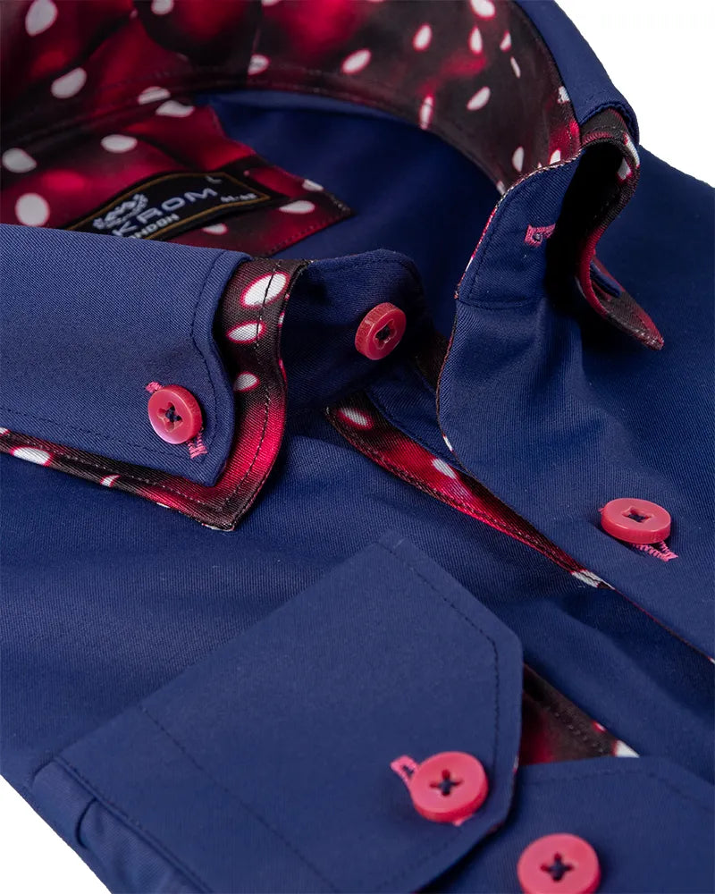 Navy Plain Contrast Dot Double Collar Long Sleeve Shirt