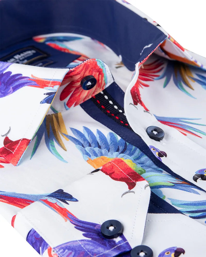 White Parrot Print Shirt with Matching Handkerchief