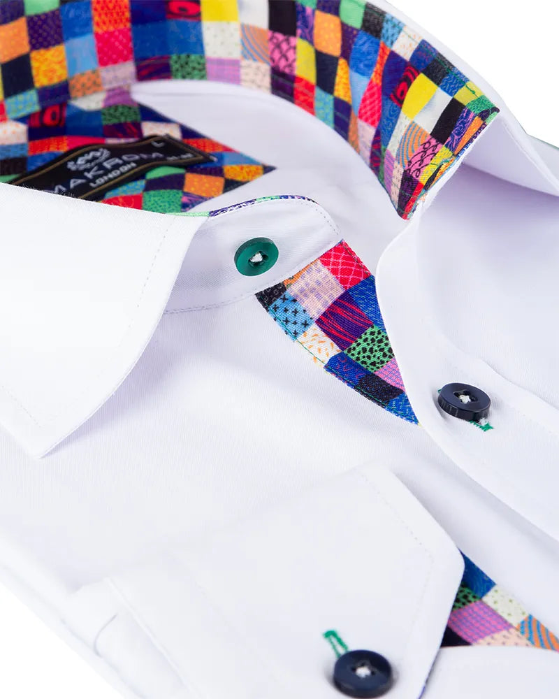White Dress Shirt with Colorful Inner Collar and Cuff Detail