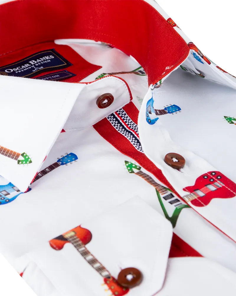 White Guitar Print Shirt with Matching Handkerchief