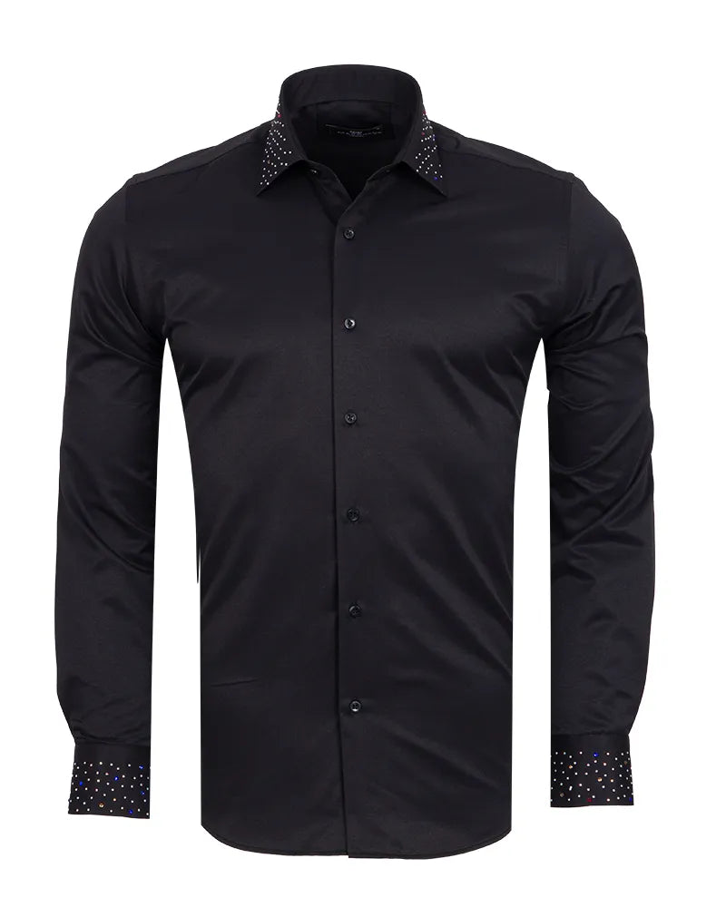 Men’s Black Dress Shirt with Crystal-Studded Collar and Cuffs