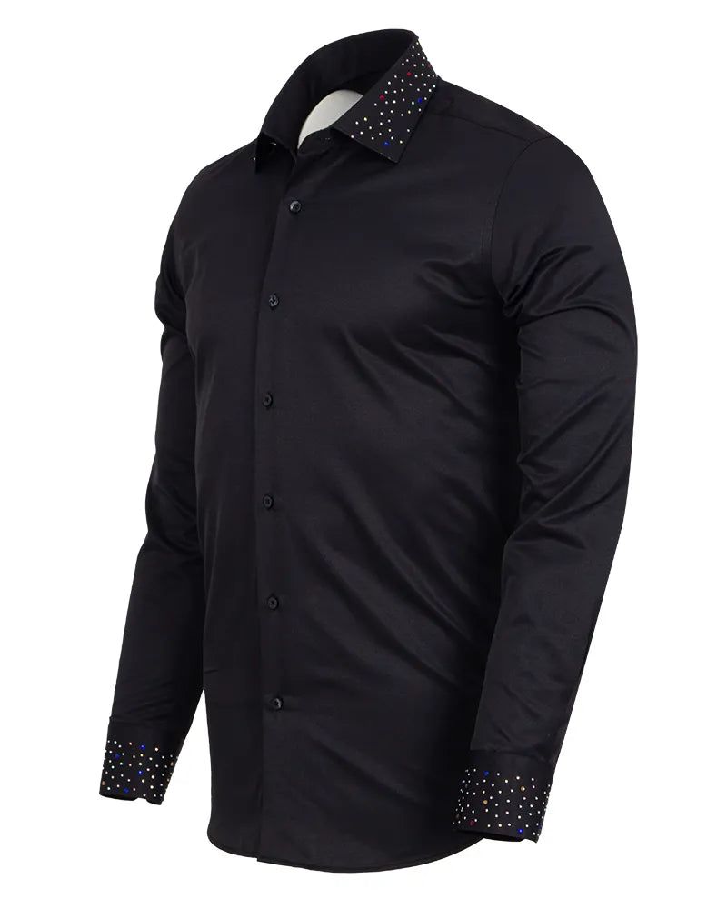 Men’s Black Dress Shirt with Crystal-Studded Collar and Cuffs