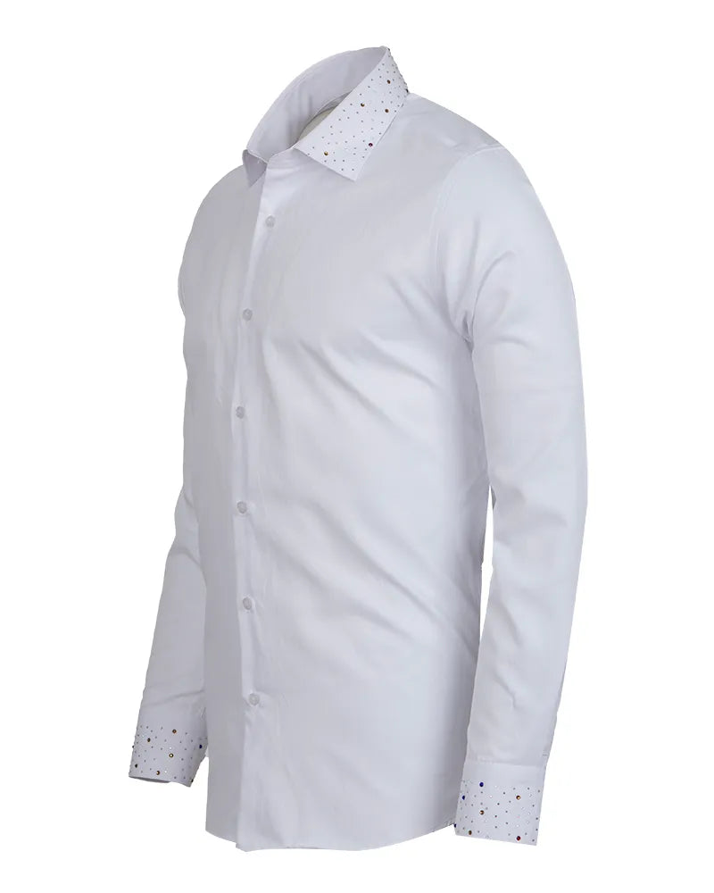 Men’s White Dress Shirt with Crystal-Studded Collar and Cuffs