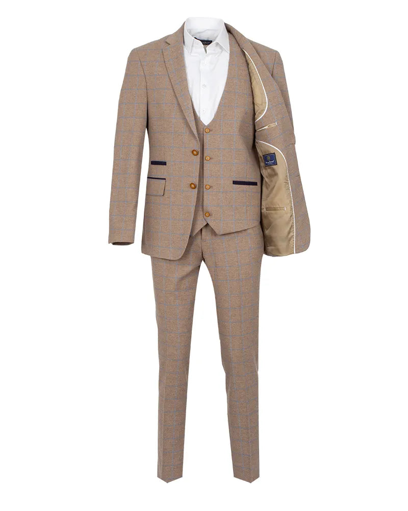 Beige 3 Piece Check Suit