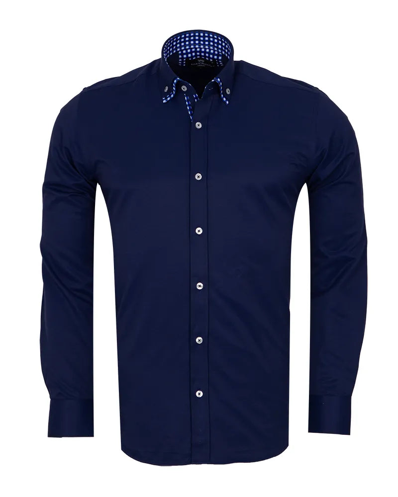 Navy Dress Shirt with Checked Inner Collar and Cuff Detail