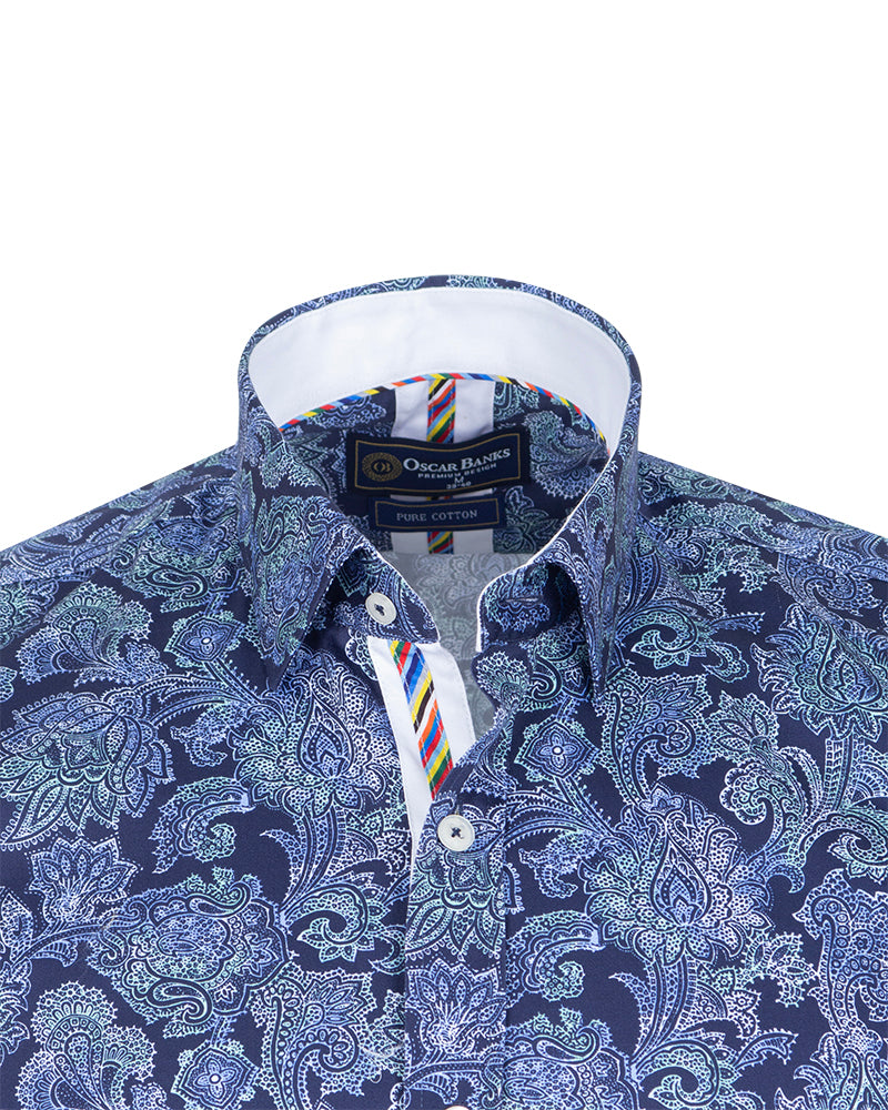 Blue Paisley Print Shirt with Matching Handkerchief