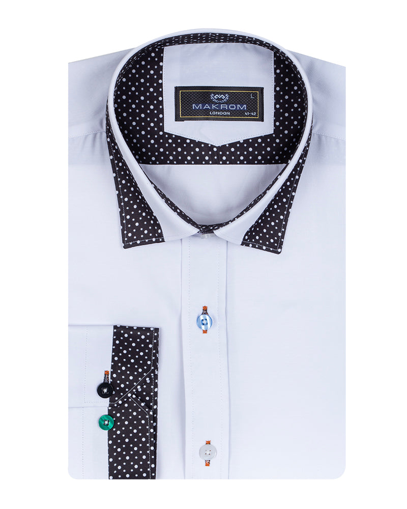 White Plain Panel Shirt with Dot Print Collar & Cuffs