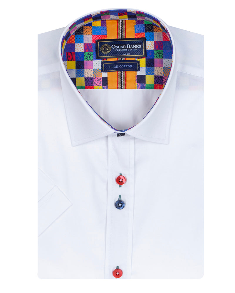 White Plain Colorful Buttons Short Sleeve Shirt