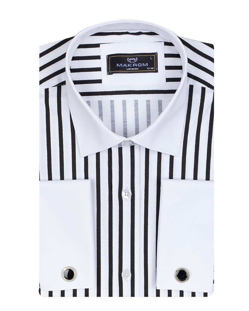Makrom Double Cuff Shirt - Black Stripe Contrast Collar, Stylish & Comfortable