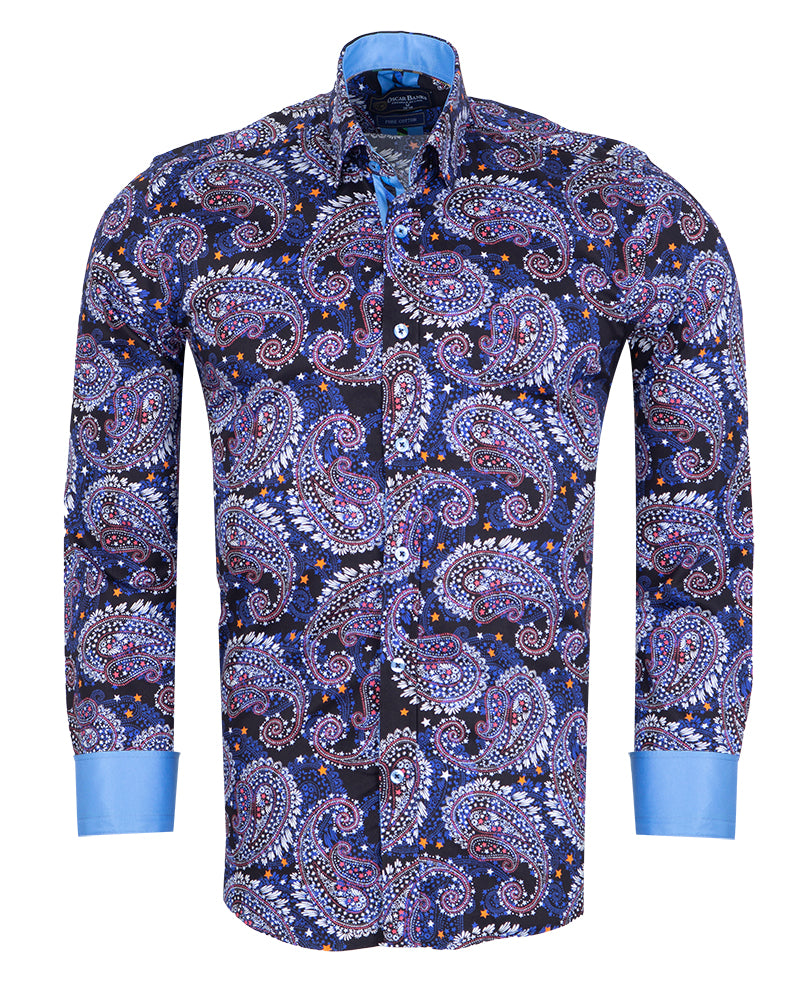 Dark Blue Paisley Print Shirt with Matching Handkerchief