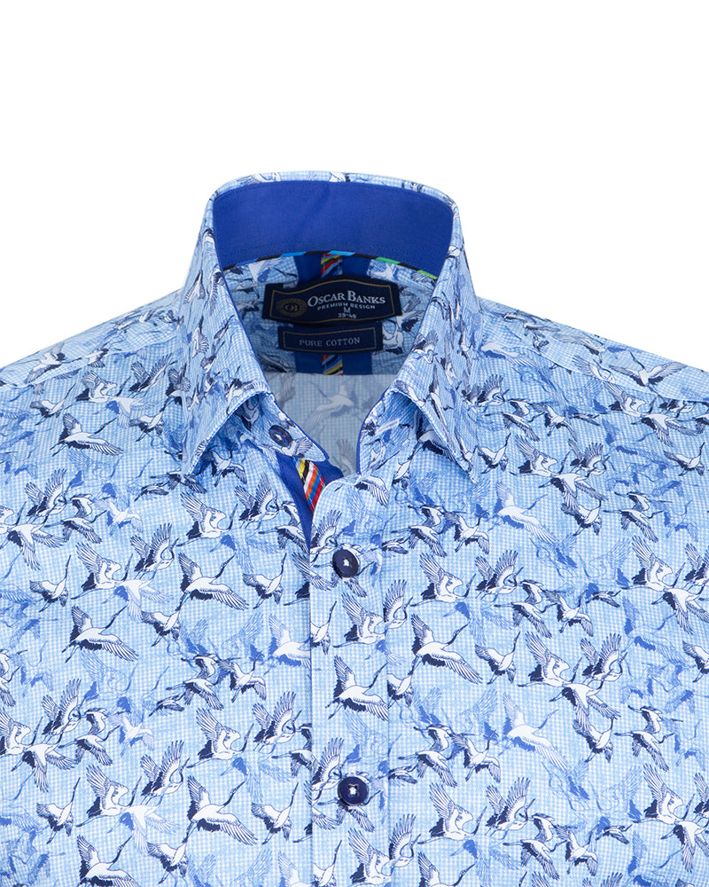 Blue Stork Print Shirt with Matching Handkerchief