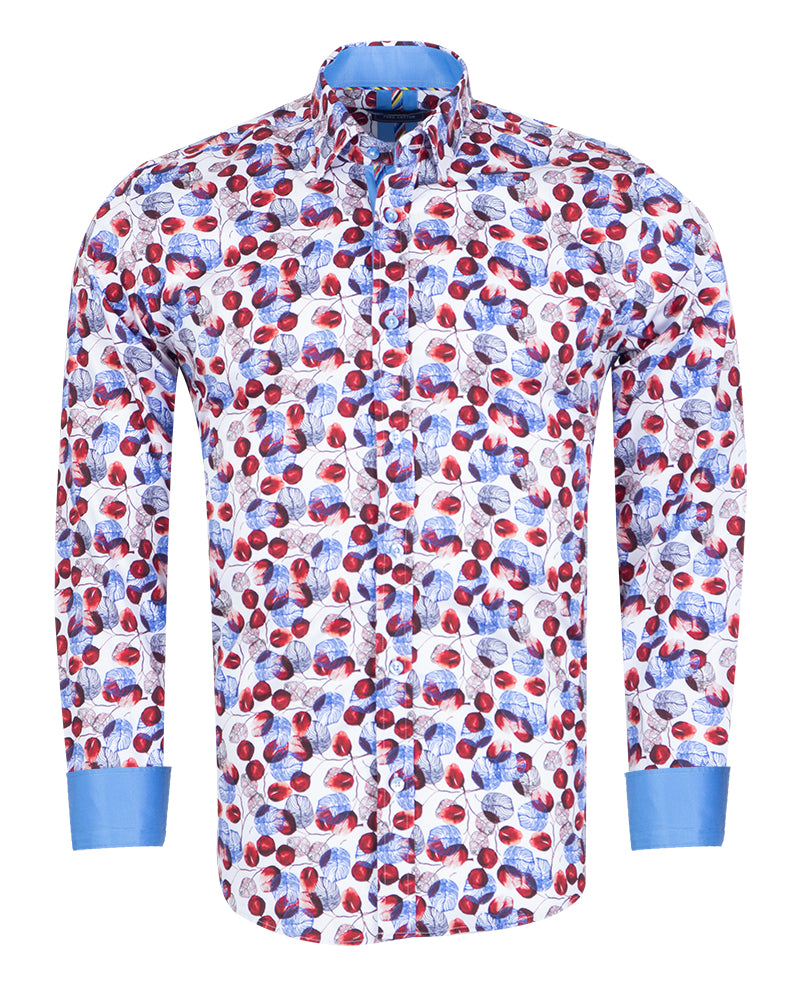 White Blue Leaf Print Shirt with Matching Handkerchief