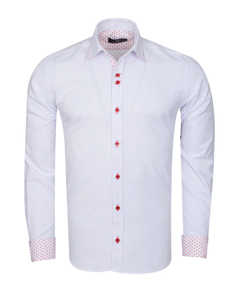 White Plain Panel Shirt with Red Dot Print Collar & Cuffs