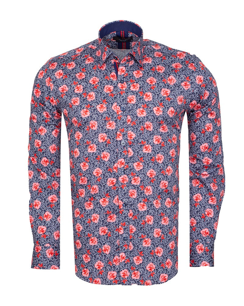 Dark Blue Rose Print Satin Cotton Shirt with Matching Handkerchief