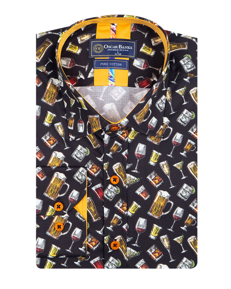 Black Cocktail Print Shirt with Matching Handkerchief