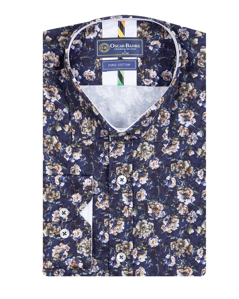 Dark Blue Rose Print Shirt with Matching Handkerchief