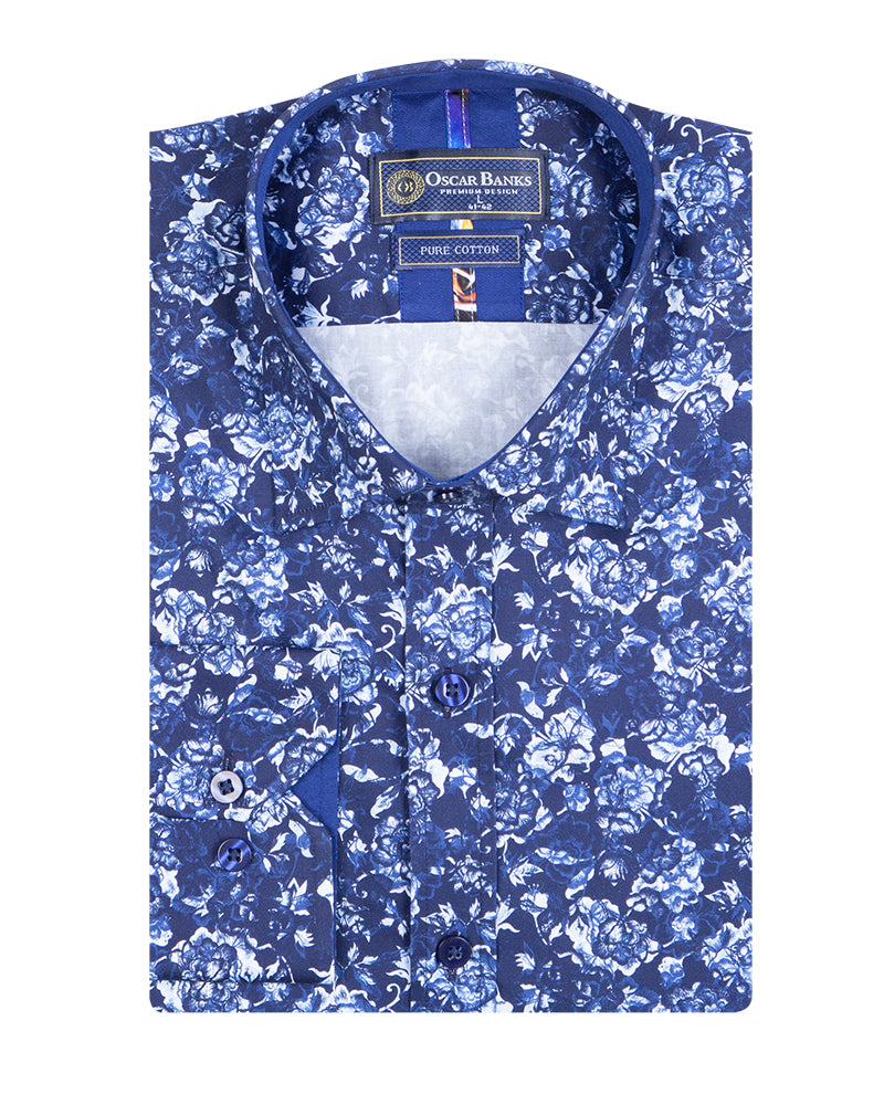 Blue Flower Print Shirt with Matching Handkerchief