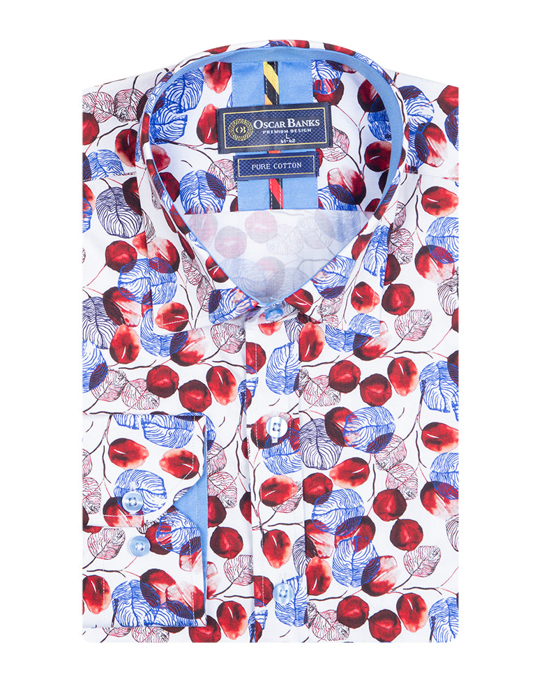 White Blue Leaf Print Shirt with Matching Handkerchief