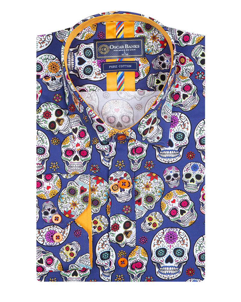 Dark Blue day of the dead Skull Print Shirt with Matching Handkerchief