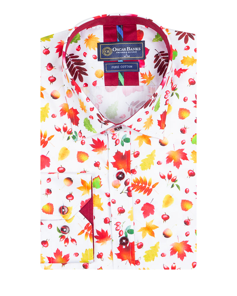 White Colorful Leaf Print Shirt with Matching Handkerchief