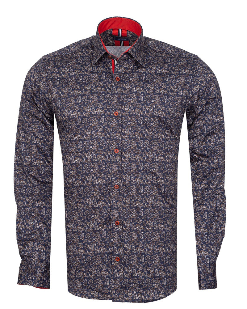 Dark Blue Paisley Print Shirt with Matching Handkerchief